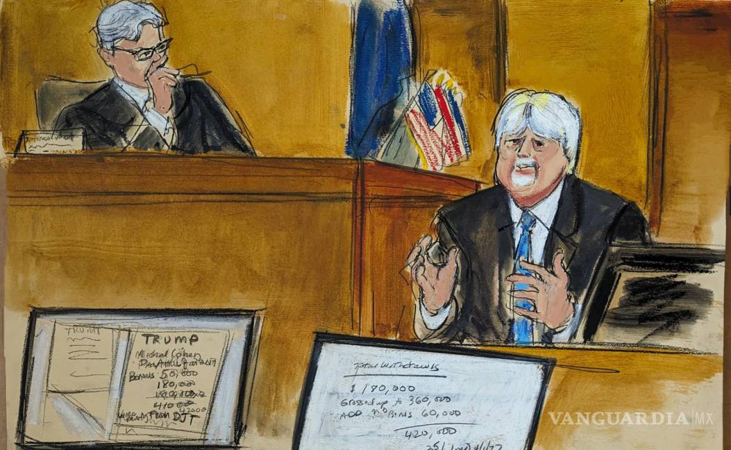 $!En este boceto de la sala del tribunal, el ex empleado de la organización Trump, Jeffrey McConney, testifica sobre los pagos realizados a Michael Cohen.