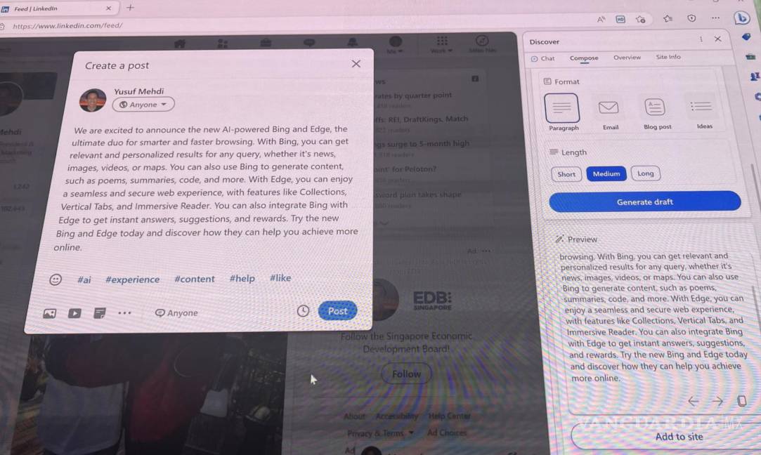 $!Fotografía de una proyección en pantalla de una publicación en redes sociales generada por inteligencia artificial presentada en la sede de Microsoft.
