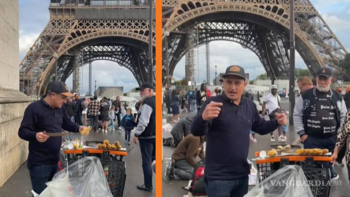 ¿Con todo? Migrante vende elotes asados frente a la torre Eiffel (video)
