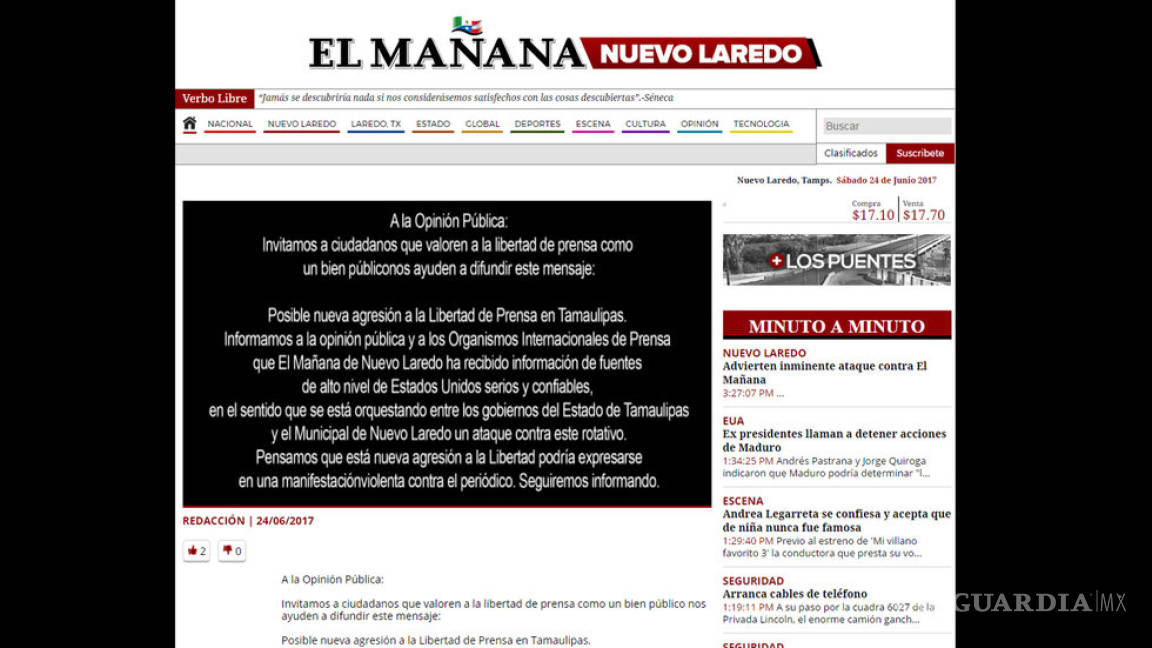 Teme ataque el diario El Mañana de Nuevo Laredo, por conflicto con alcalde