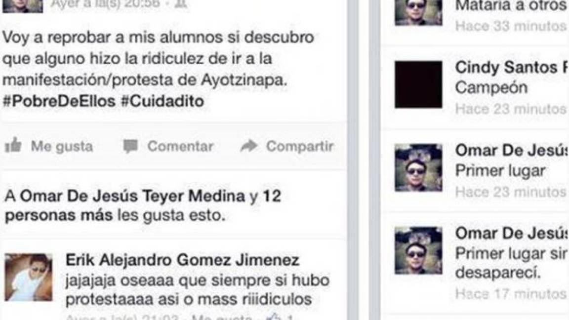 Maestro amenaza en Facebook a alumnos con reprobarlos si van a marcha por Ayotzinapa