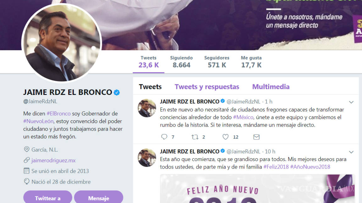 &quot;El Bronco&quot; lanza sus primeros tuits del año; aún aparece en redes como Gobernador