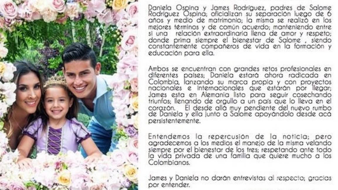 James Rodríguez y Daniela Ospina confirman su separación tras seis años de casados