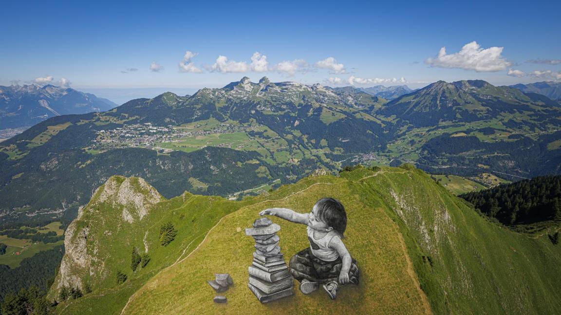 Una fotografía hecha con un dron muestra un cuadro gigante de ‘land art’ biodegradable titulado “Vers l’equilibre” del artista franco-suizo Saype. $!Una fotografía hecha con un dron muestra un cuadro gigante de ‘land art’ biodegradable titulado “Vers l’equilibre” del artista franco-suizo Saype.