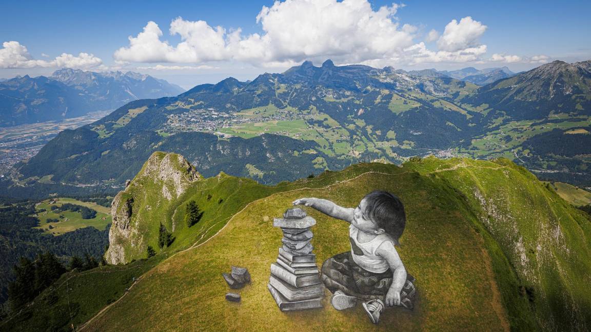 Una fotografía hecha con un dron muestra un cuadro gigante de ‘land art’ biodegradable titulado “Vers l’equilibre” del artista franco-suizo Saype. $!Una fotografía hecha con un dron muestra un cuadro gigante de ‘land art’ biodegradable titulado “Vers l’equilibre” del artista franco-suizo Saype.