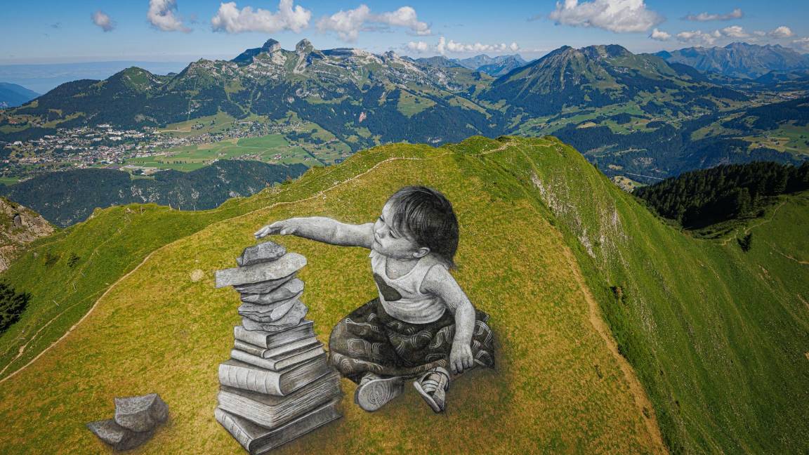 Una fotografía tomada con un dron muestra una pintura gigante de landart biodegradable titulada ‘Vers l’equilibre’ del artista franco-suizo Saype. $!Una fotografía tomada con un dron muestra una pintura gigante de landart biodegradable titulada ‘Vers l’equilibre’ del artista franco-suizo Saype.