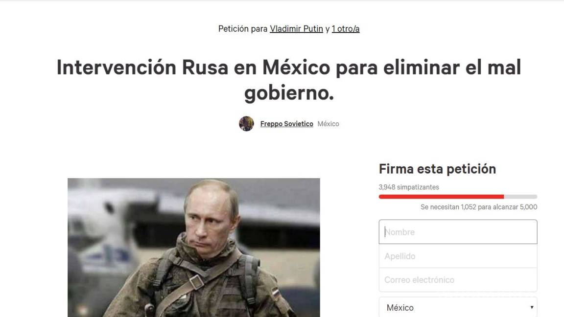 Lanzan petición para que Putin intervenga en México y acabe con el mal Gobierno