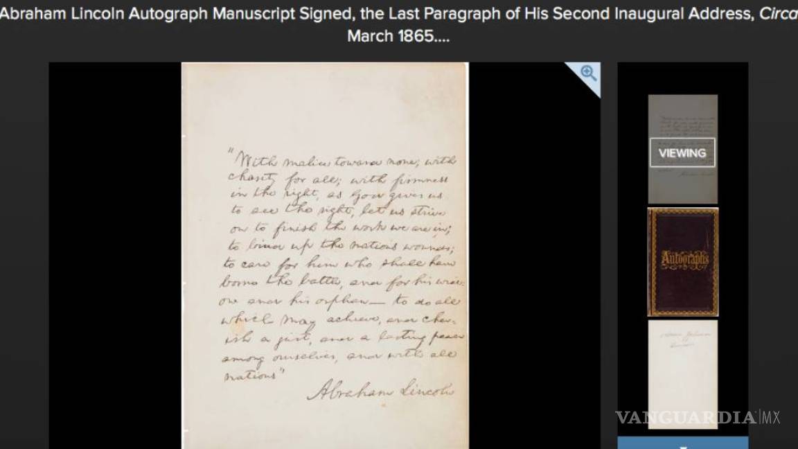 Subastan un manuscrito de Lincoln en 2.2mdd