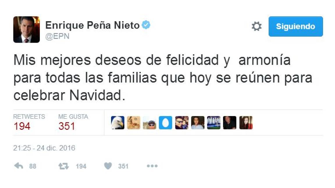 “Mis mejores deseos”, Peña Nieto envía mensaje en Twitter por Navidad