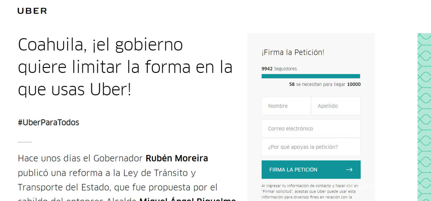 $!Uber lanza petición contra reforma de Ley de Tránsito y Transporte del Estado de Coahuila