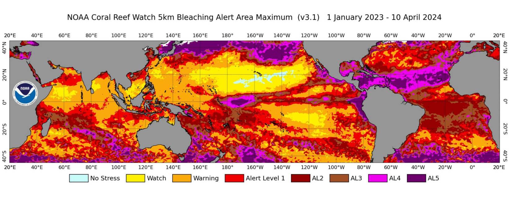 $!Mapa del área de alerta de blanqueo de coral satelital global con resolución de 5 km de NOAA Coral Reef Watch, del 1 de enero de 2023 al 10 de abril de 2024.