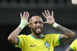 Neymar celebra un gol de sus goles hoy, en un partido de las Eliminatorias Sudamericanas para la Copa Mundial de Fútbol 2026 contra Bolivia.