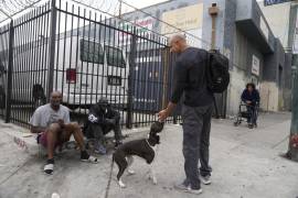 El veterinario Kwane Stewart pregunta a la gente por el dueño de un perro en la zona Skid Row de Los Ángeles, en junio de 2023.