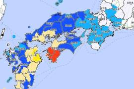 Un terremoto de magnitud 6,4 sacudió el sur de Japón el miércoles. El área marcada en rojo registró un débil 6 en la escala de intensidad sísmica de Japón.