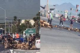 Vecinos de llevan cerveza de tráiler volcado en calles de Monterrey, nadie se preocupa por el conductor de la unidad