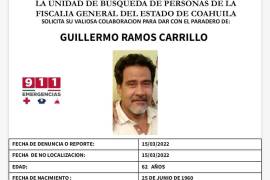 Familiares de Guillermo Ramos Carrillo lo buscan en Saltillo, señalan que ‘olvida cosas’