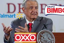 El presidente de México, Andrés Manuel López Obrador; algunas de las marcas de Oxxo, Bimbo y Walmart.