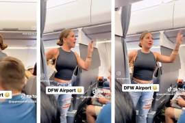 Un video en TikTok muestra el momento en que una mujer, quien porta una blusa negra y un bolso, comienza a discutir, con lo que pareciera ser un pasajero, a bordo de un vuelo