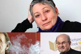 Arriba, la escritora rusa Liudmila Ulítskaya. Abajo izquerda, el francés Michel Houllebecq. Abajo derecha, el británico Salman Rushdie.