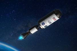 Concepto artístico de la nave espacial Demonstration for Rocket to Agile Cislunar Operations (DRACO). Se prevé que la tecnología de propulsión térmica nuclear sea usada en misiones tripuladas de la NASA a Marte.