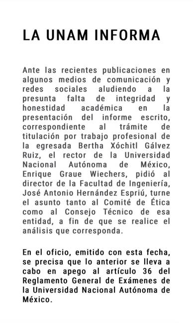 $!Graue pide a Facultad de Ingeniería analizar supuesto plagio en informe para titulación de Xóchitl Gálvez
