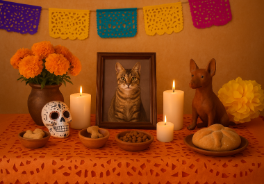 Un altar de muertos dedicado a una mascota puede ser acompañado con flores de cempasúchil, juguetes y una fotografía en el centro. Un altar de muertos dedicado a una mascota puede ser acompañado con flores de cempasúchil, juguetes y una fotografía en el centro.