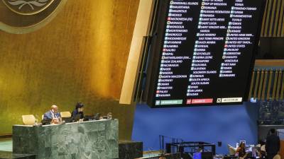 La Asamblea General de las Naciones Unidas vota sobre la candidatura palestina para convertirse en miembro pleno de la ONU, que finalmente fue aprobada en la Sede de las Naciones Unidas en Nueva York.