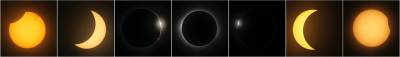 Esta combinación de fotografías muestra la trayectoria de la luna, de derecha a izquierda, durante un eclipse solar total, visto desde Mazatlán, México.