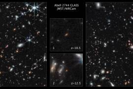 Dos de las galaxias más lejanas vistas hasta la fecha capturadas por el Telescopio Espacial James Webb en las regiones exteriores del cúmulo de galaxias gigantes Abell 2744.