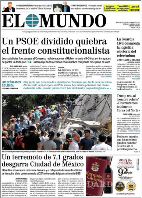 $!Diarios nacionales y del mundo narran la tragedia del sismo en sus portadas