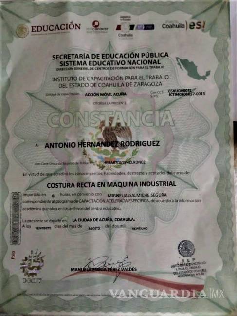$!Certificado de capacitación del ICATEC Acuna a nombre de Antonio Hernández Rodríguez, contratado por Home Fashions International. Foto: Antonio Hernández Rodríguez