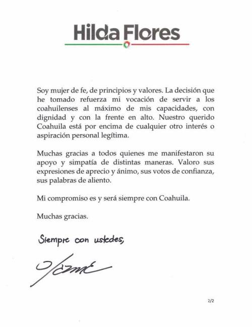 $!Se retira Hilda Flores de la carrera por la Gubernatura de Coahuila