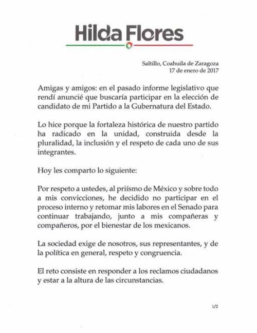$!Se retira Hilda Flores de la carrera por la Gubernatura de Coahuila