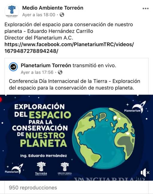 $!Ayuntamiento de Torreón ofrece conferencias virtuales para conectar con la Tierra