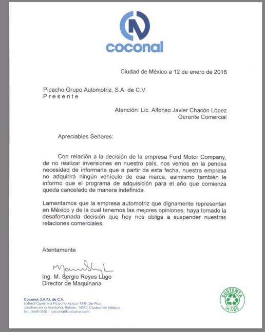 $!Grupo Coconal 'rompe' con Ford, tras cancelación de planta