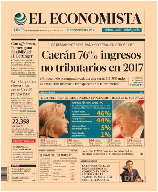 $!Titulares Prensa Nacional 26/09/2016