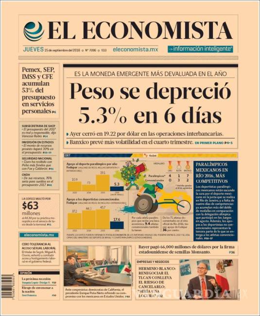 $!Titulares Prensa Nacional 15/09/2016