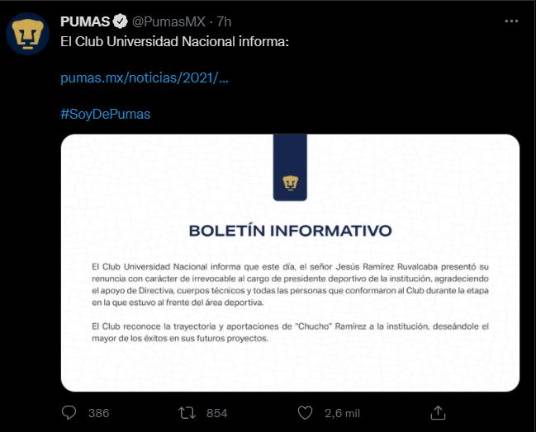 Renuncia ‘Chucho’ Ramírez a la presidencia deportiva de Pumas $!Renuncia ‘Chucho’ Ramírez a la presidencia deportiva de Pumas