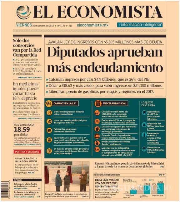 $!Titulares Prensa Nacional 21/10/2016