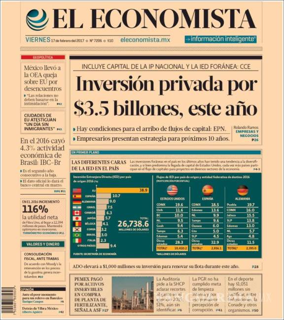 $!Titulares Prensa Nacional 17/02/2017