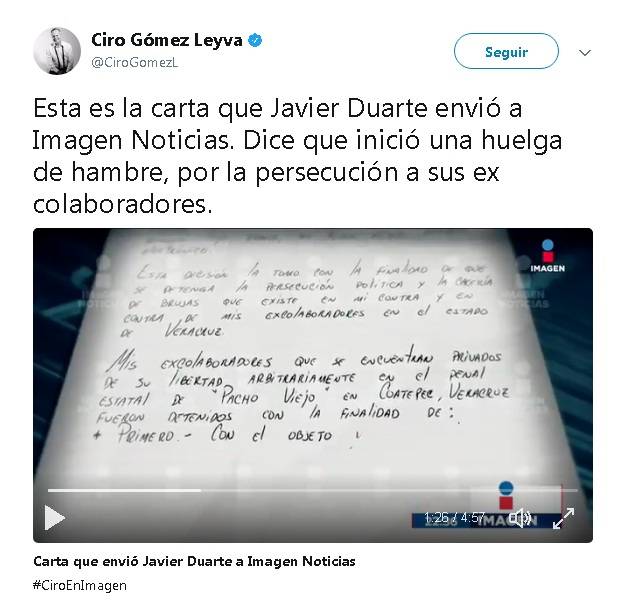 $!Javier Duarte se declara en huelga de hambre, envía carta con razones