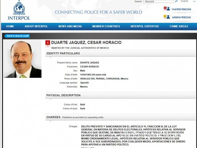 $!Interpol actualiza ficha roja de César Duarte