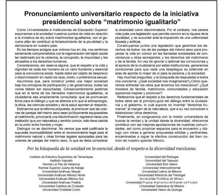 $!Matrimonios igualitarios discriminan a la familia: universidades católicas de México
