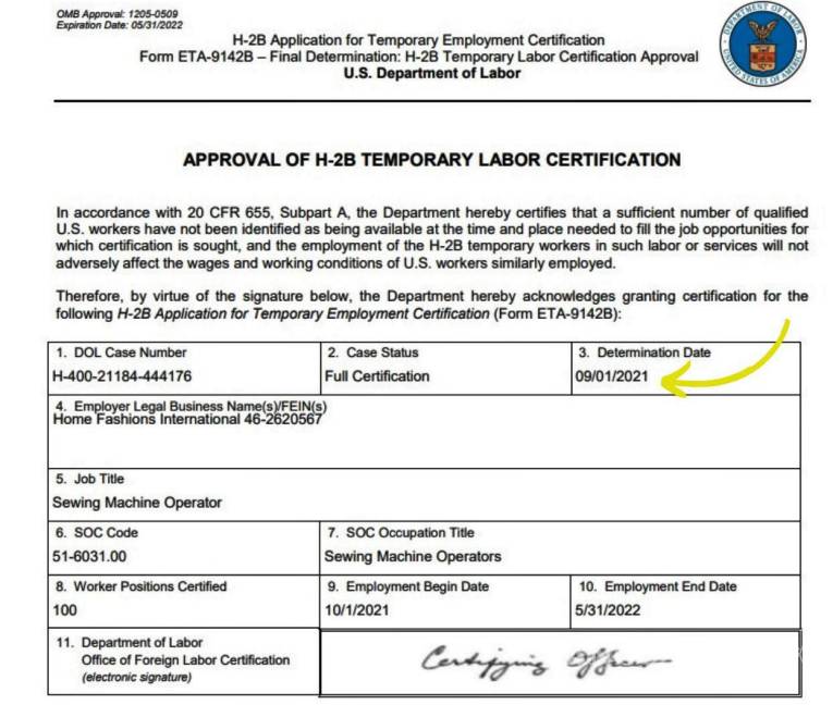 $!Certificación laboral expedida por el Departamento del Trabajo de los Estados Unidos a la empresa Home Fashions International LLC con sede en Carolina del Sur. Fuente: Administración Municipal de Ciudad Acuña.