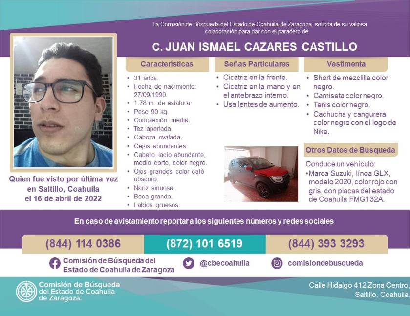 Saltillo: Juan Ismael tiene 13 días desaparecido; salió de su casa el 16 de abril y ya no regresó $!Saltillo: Juan Ismael tiene 13 días desaparecido; salió de su casa el 16 de abril y ya no regresó