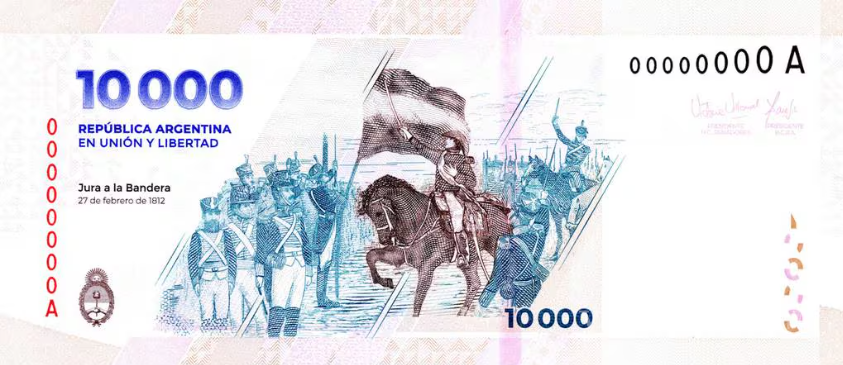 $!Reverso de un billete de 10 mil pesos argentinos.