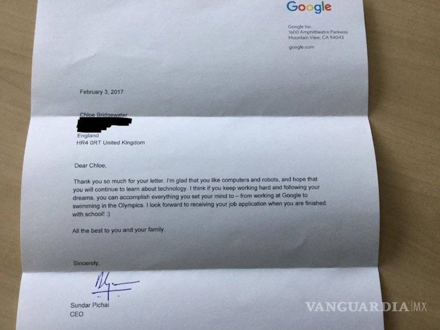 $!CEO de Google le responde a niña de 7 años que le pidió trabajo