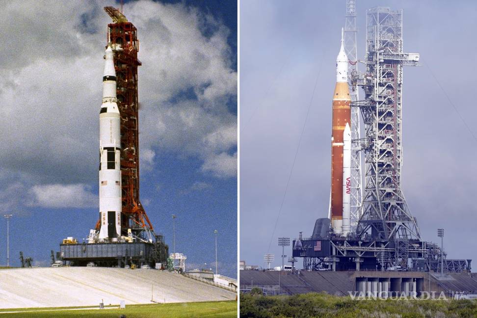 $!Izquierda el cohete Saturno V de la misión del Apolo 12 en 1969 y a la derecha, el nuevo cohete de la NASA del programa Artemisa con la cápsula Orión.