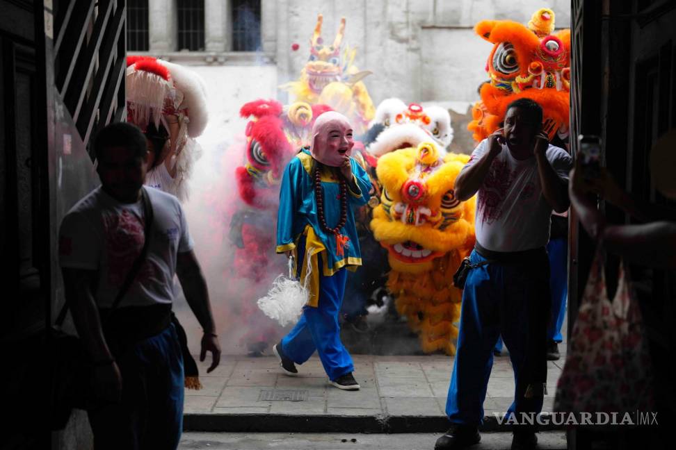 $!Danzantes vestidos con trajes de león, dragón y cerdo actúan para conmemorar el Año Nuevo Lunar, en Lima, Perú.