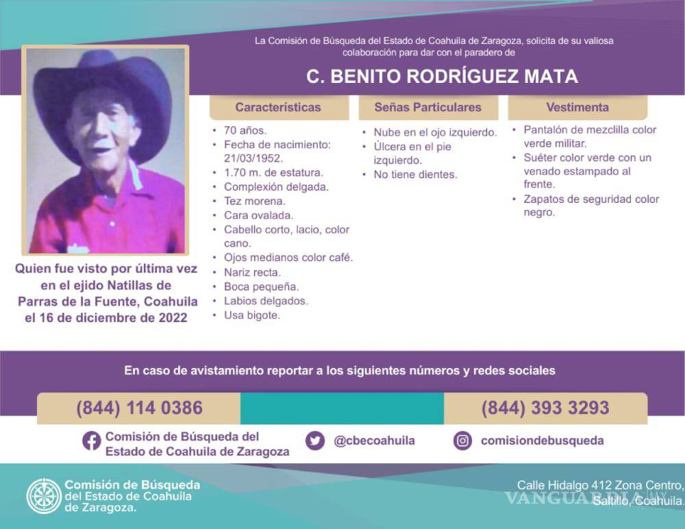 $!Se invita a nuestros lectores, que pudieran tener información de su paradero, mandar mensaje a las redes sociales de la Comisión de Búsqueda del Estado de Coahuila de Zaragoza.